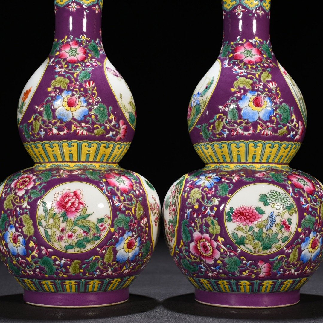 Qing Dynasty Qianlong purple ground enamel gourd vase with window and flower and birds