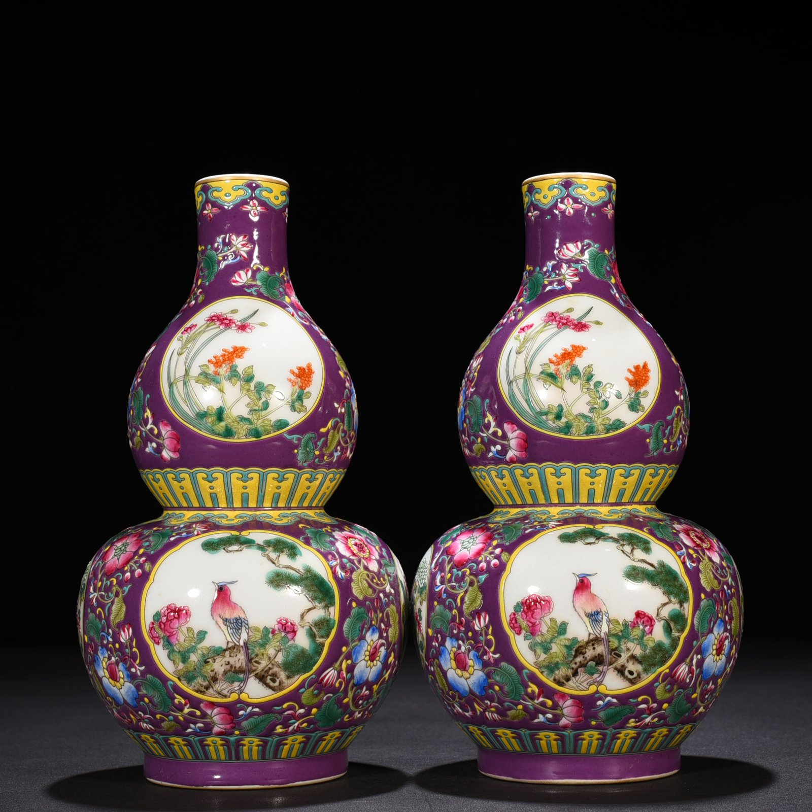 Qing Dynasty Qianlong purple ground enamel gourd vase with window and flower and birds