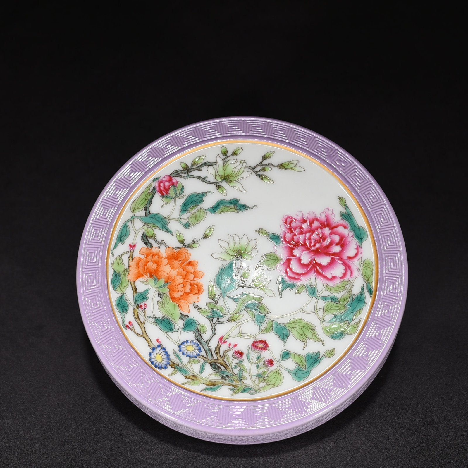 Qing Dynasty Qianlong purple glaze carved window peony flower powder box print box