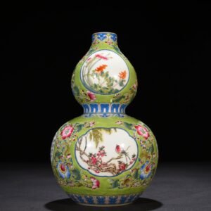 Qing Dynasty Qianlong green space enamel gourd vase with floral verse