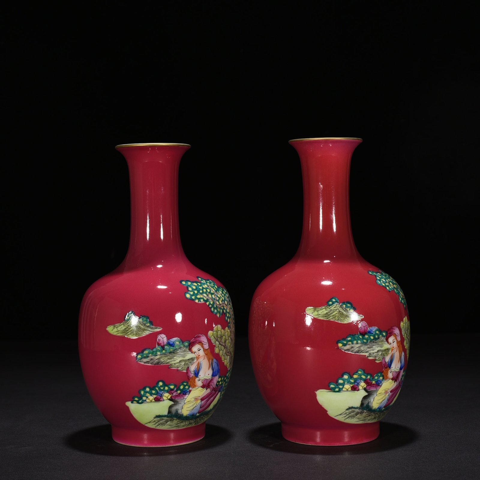 Qing Dynasty Qianlong rouge red ground enamel Western figure vase
