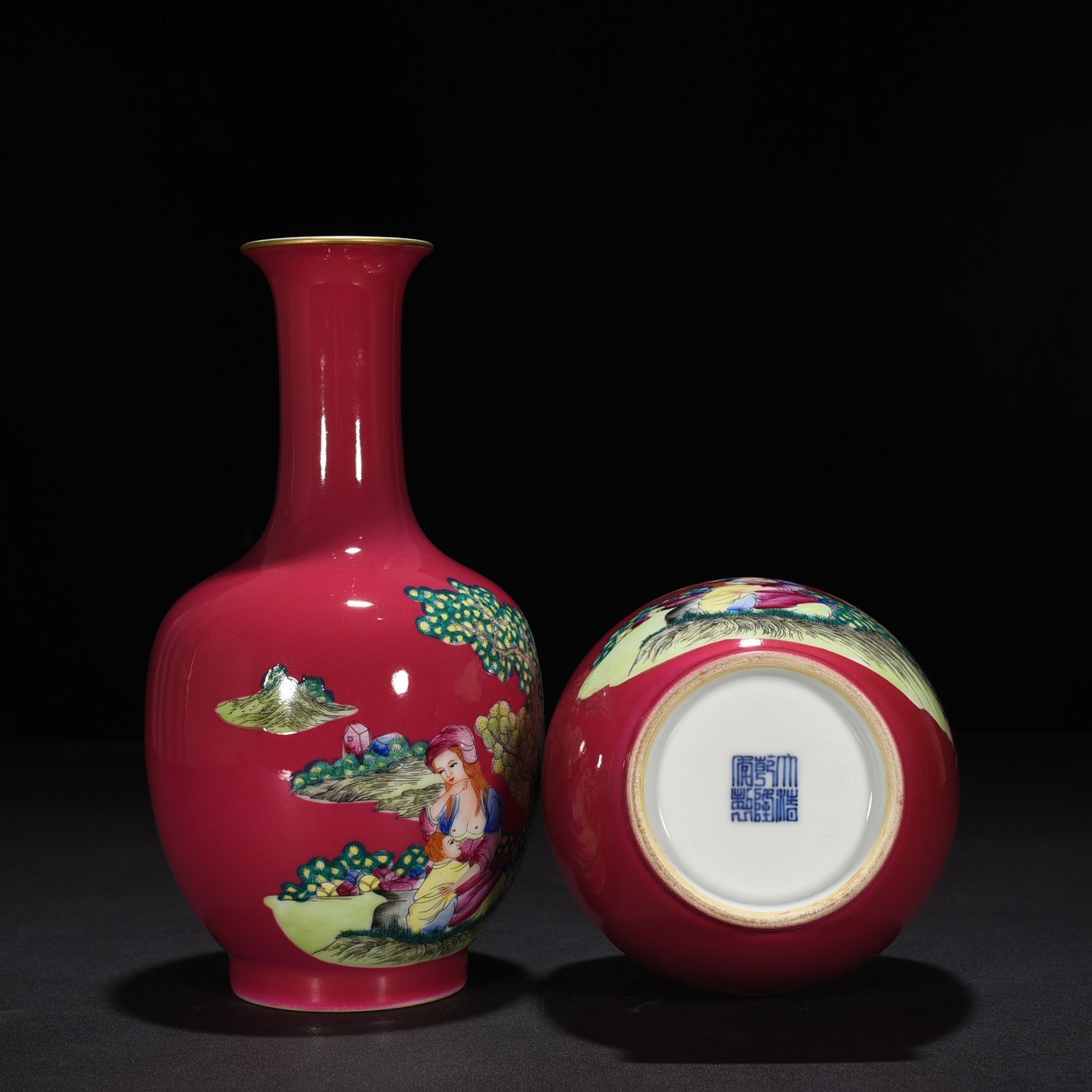 Qing Dynasty Qianlong rouge red ground enamel Western figure vase