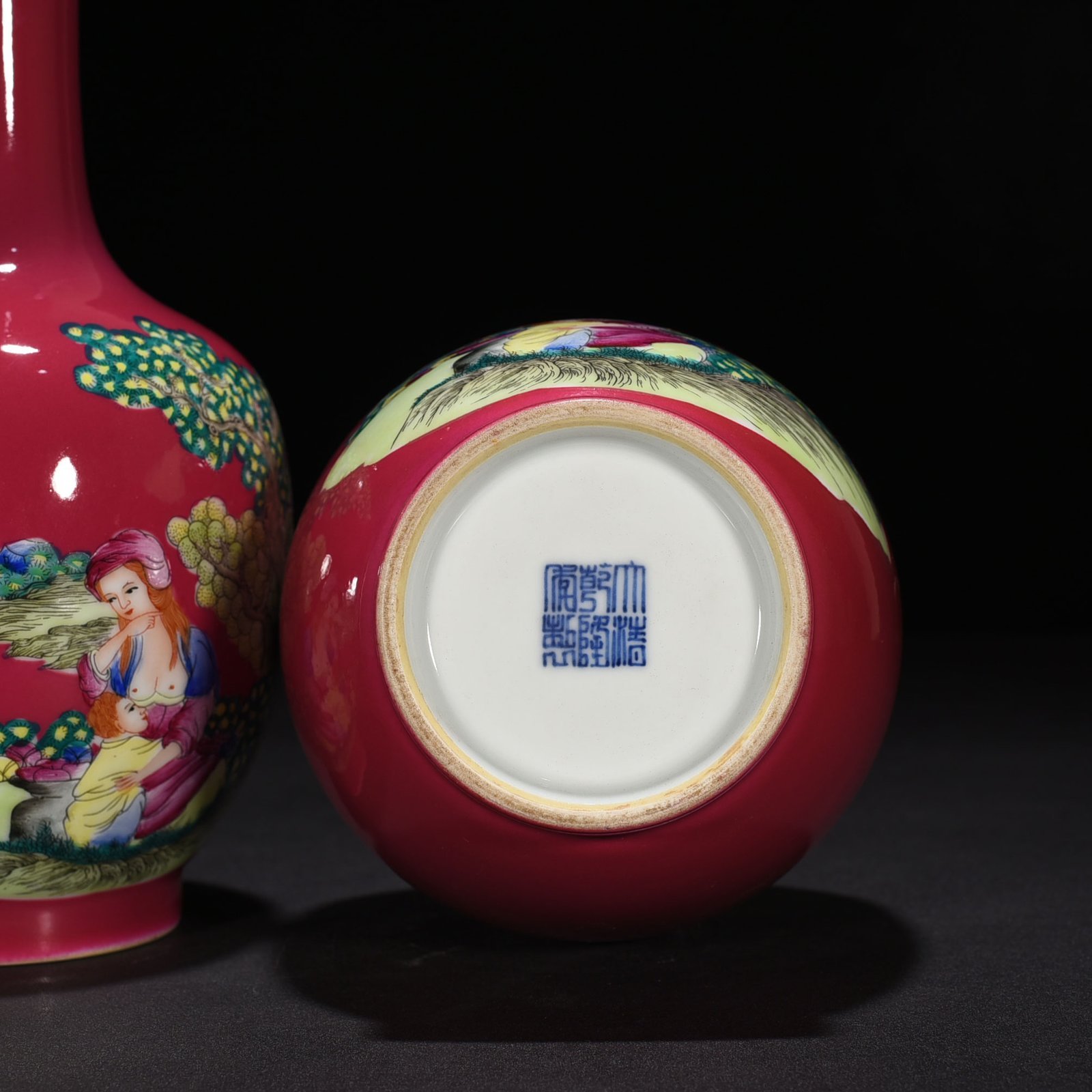 Qing Dynasty Qianlong rouge red ground enamel Western figure vase