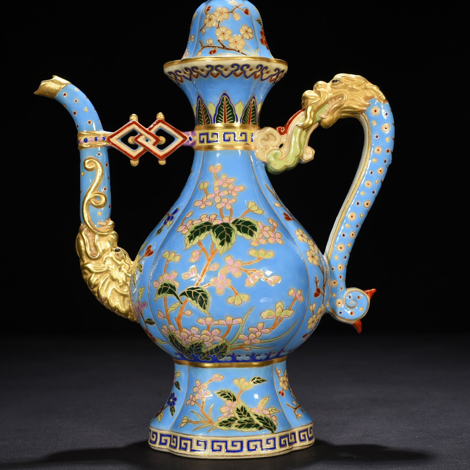 Qing Dynasty Qianlong blue ground enamel teapot with folded branches and floral pot