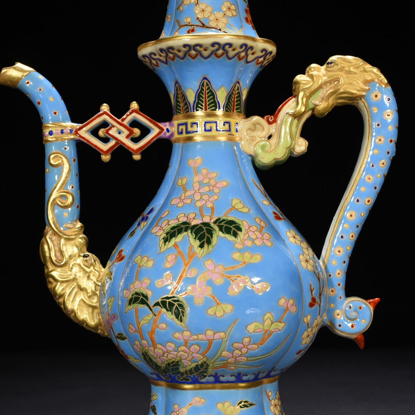 Qing Dynasty Qianlong blue ground enamel teapot with folded branches and floral pot