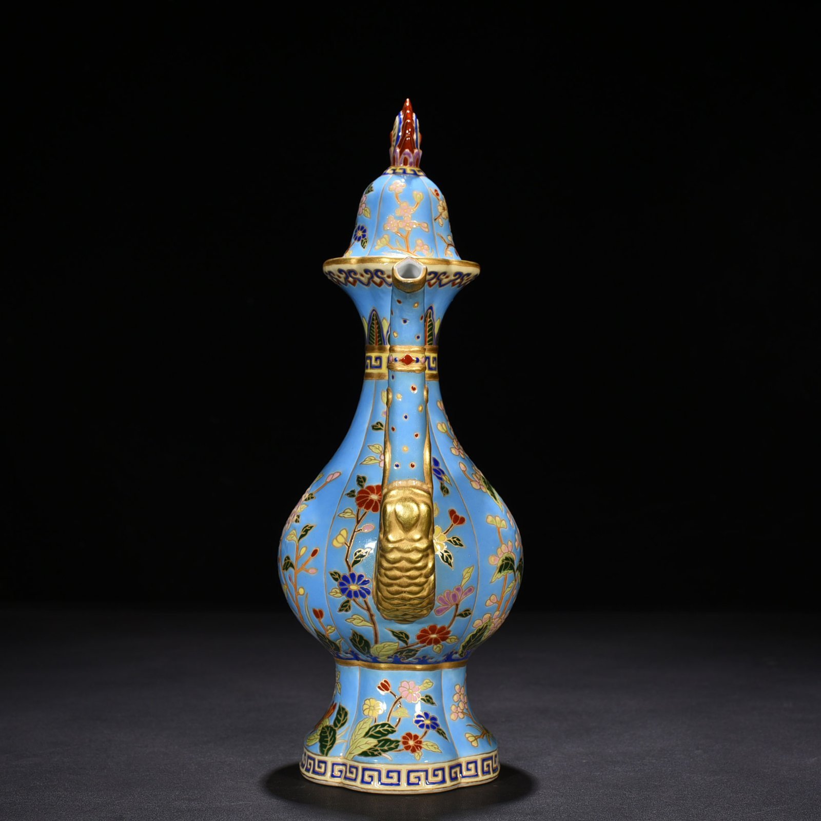 Qing Dynasty Qianlong blue ground enamel teapot with folded branches and floral pot