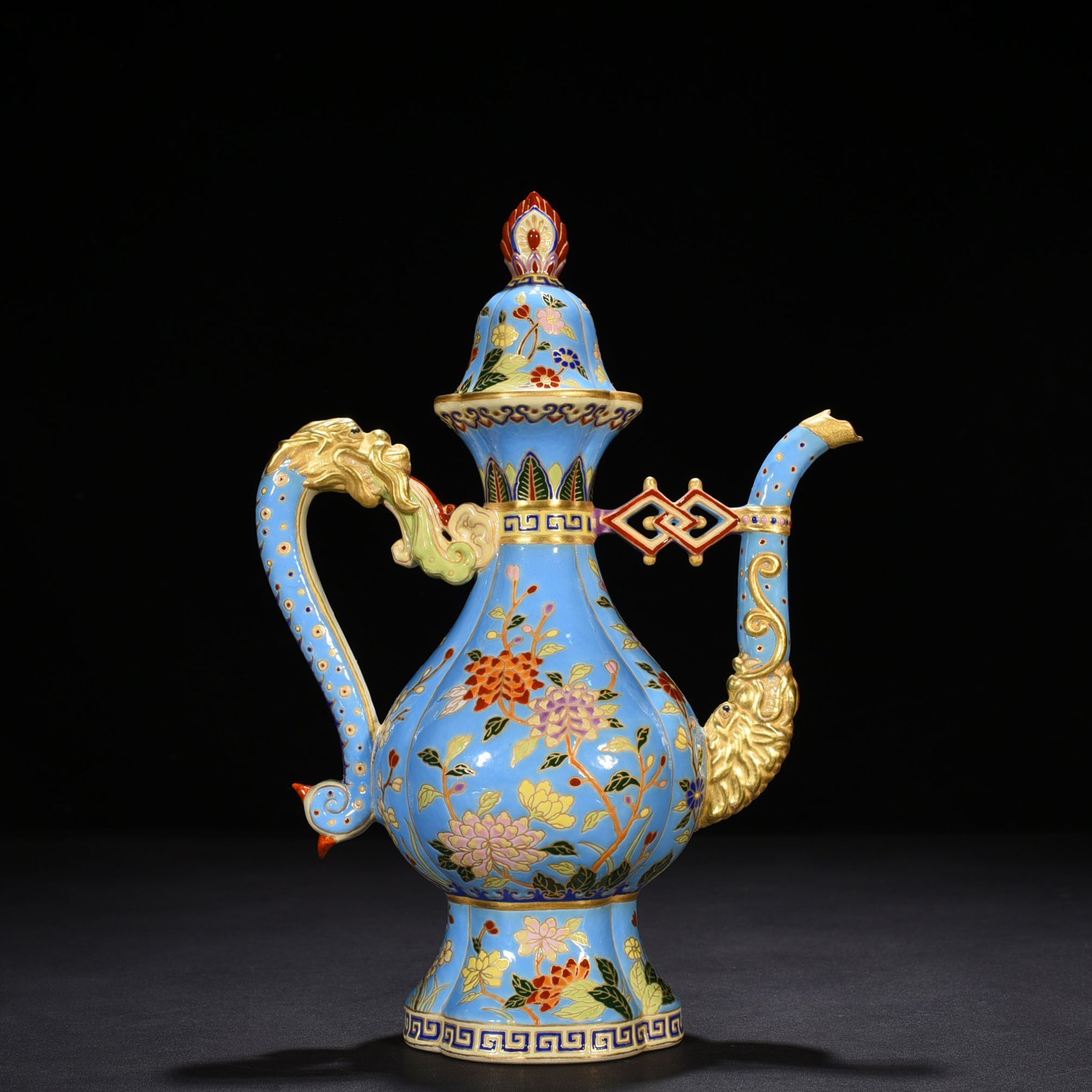 Qing Dynasty Qianlong blue ground enamel teapot with folded branches and floral pot