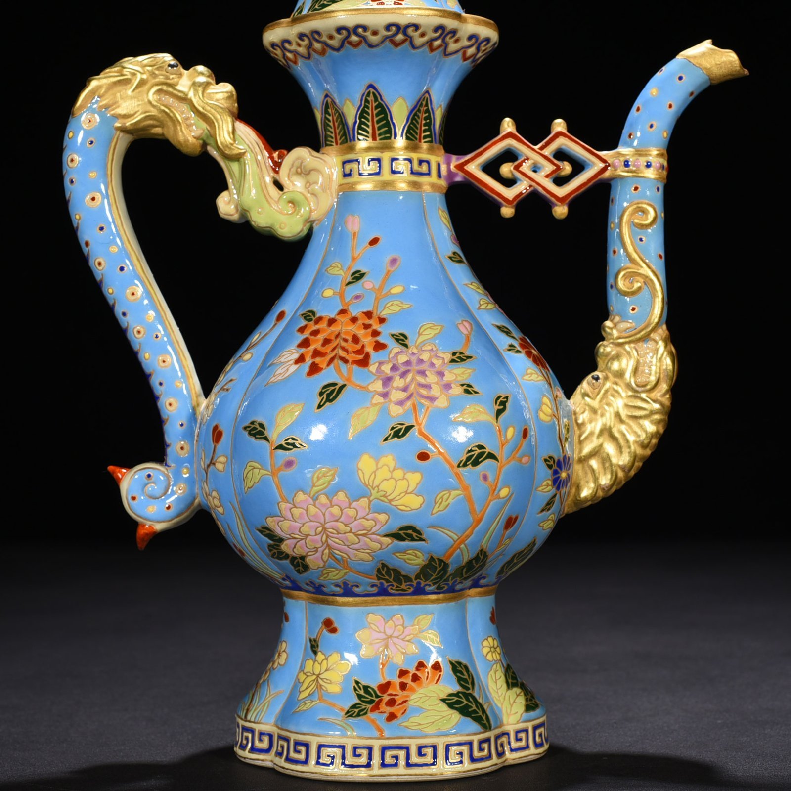 Qing Dynasty Qianlong blue ground enamel teapot with folded branches and floral pot