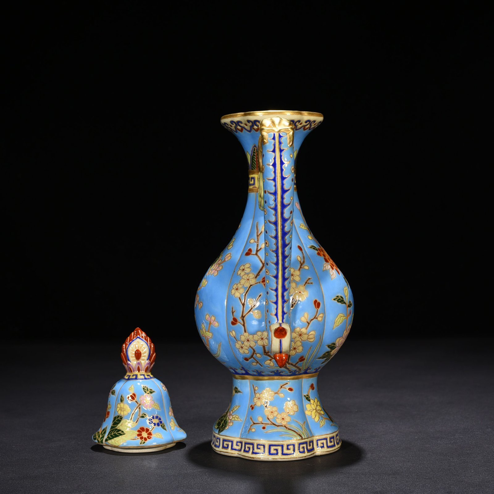 Qing Dynasty Qianlong blue ground enamel teapot with folded branches and floral pot