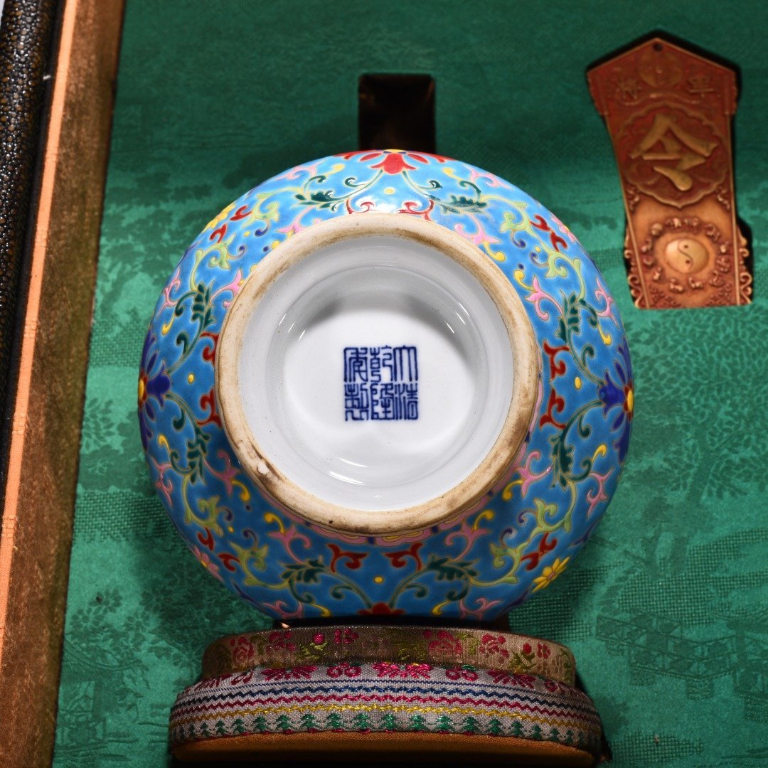 Qing Dynasty Qianlong blue ground enamel vase