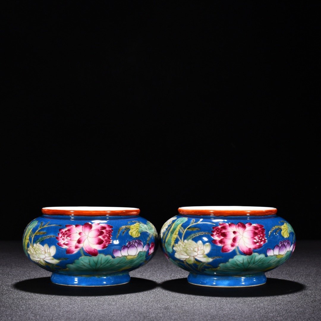 Qing Dynasty Qianlong blue ground enamel lotus flower washed