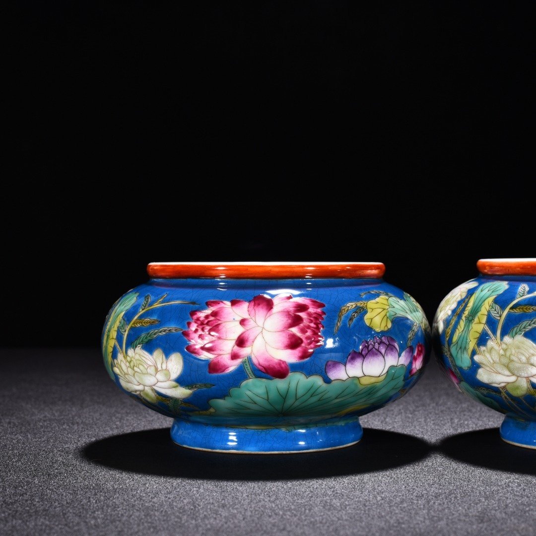 Qing Dynasty Qianlong blue ground enamel lotus flower washed