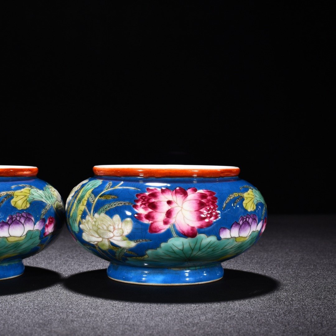 Qing Dynasty Qianlong blue ground enamel lotus flower washed