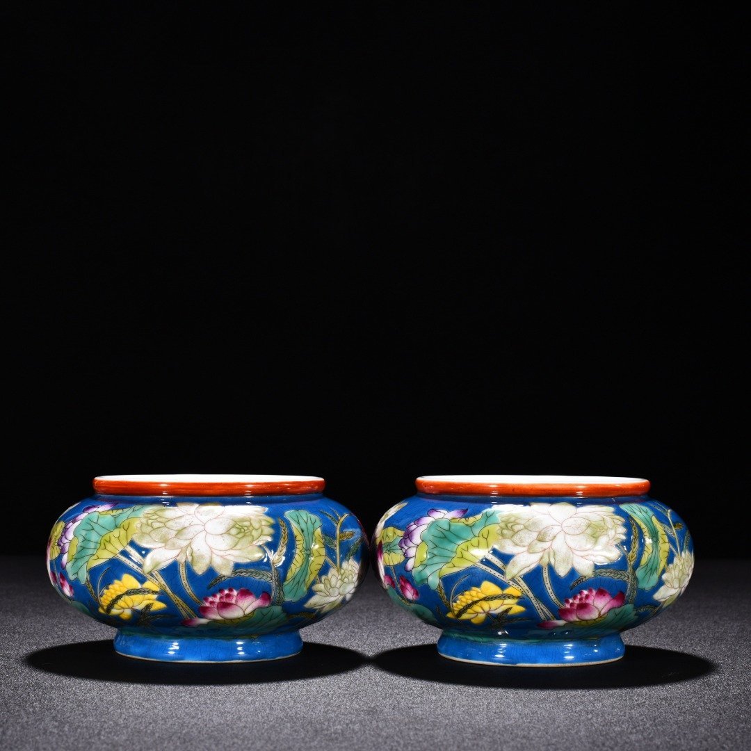 Qing Dynasty Qianlong blue ground enamel lotus flower washed