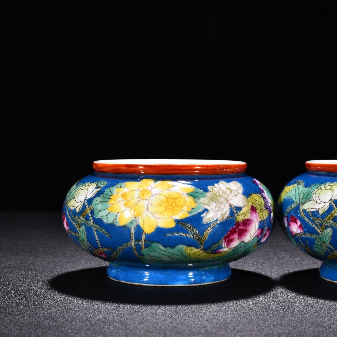 Qing Dynasty Qianlong blue ground enamel lotus flower washed