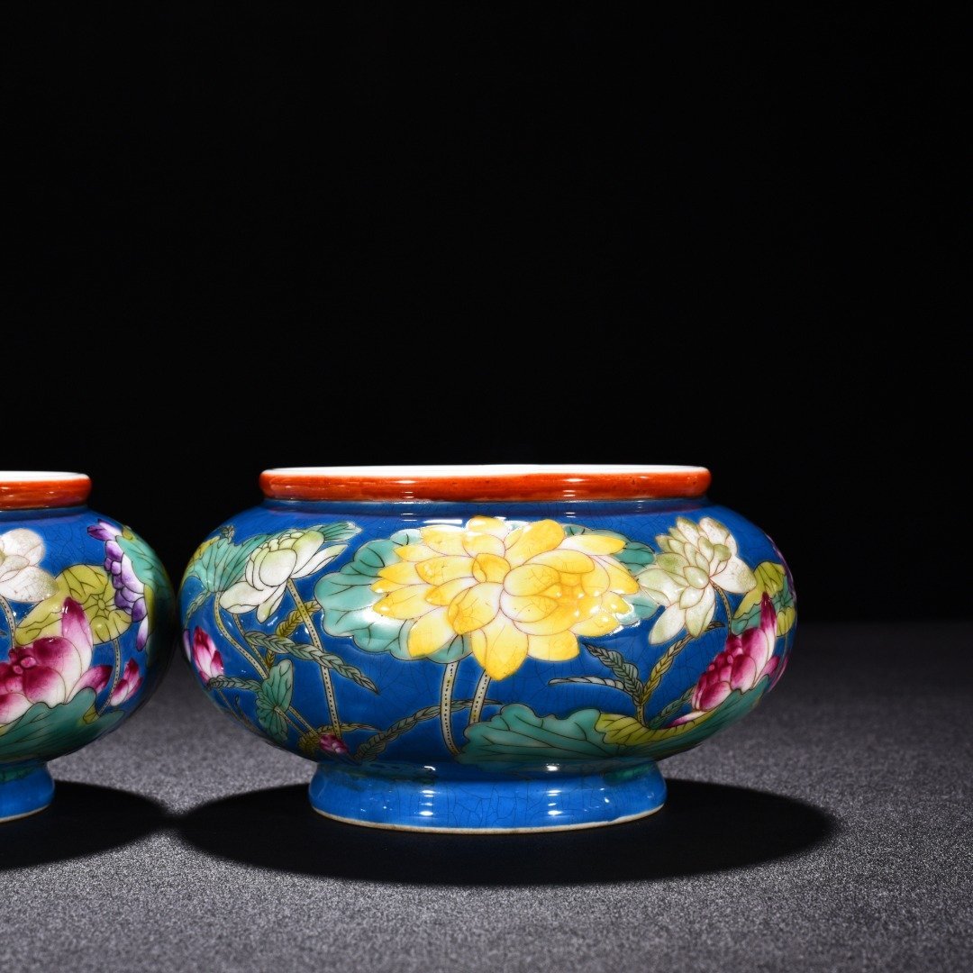 Qing Dynasty Qianlong blue ground enamel lotus flower washed
