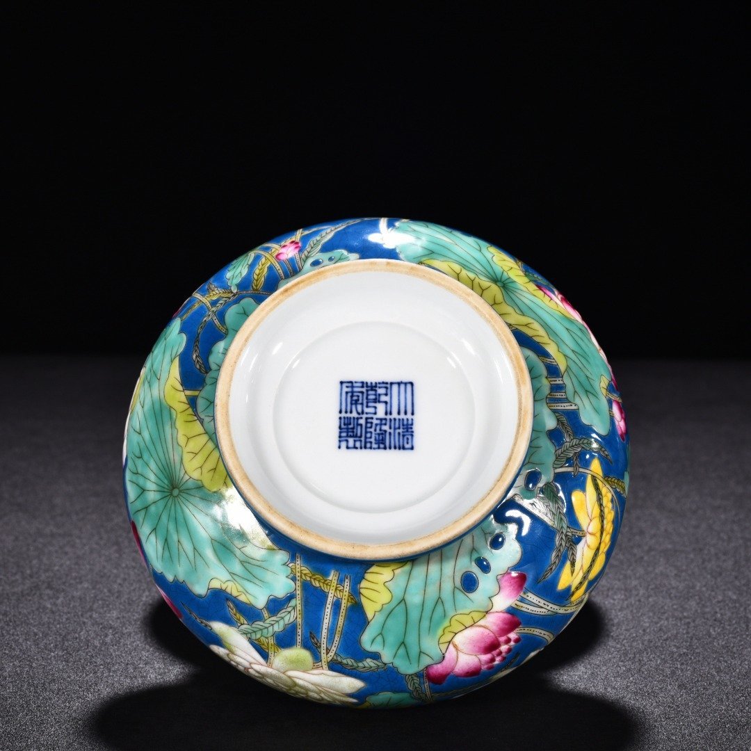 Qing Dynasty Qianlong blue ground enamel lotus flower washed