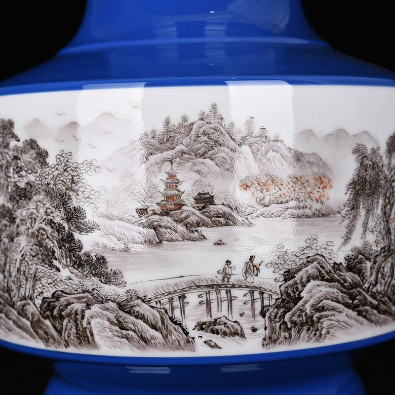 Qing Dynasty Qianlong blue-glazed ink-color landscape vase