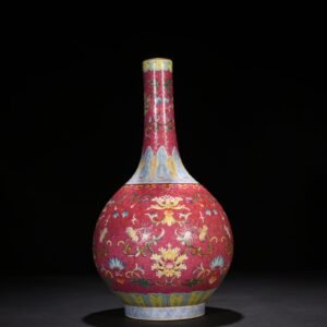 Qing Dynasty Qianlong rolling rouge ground pastel flower vase