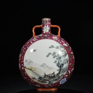 Qing Dynasty Qianlong rolling carmine red flower consecrated flower and bird flat vase