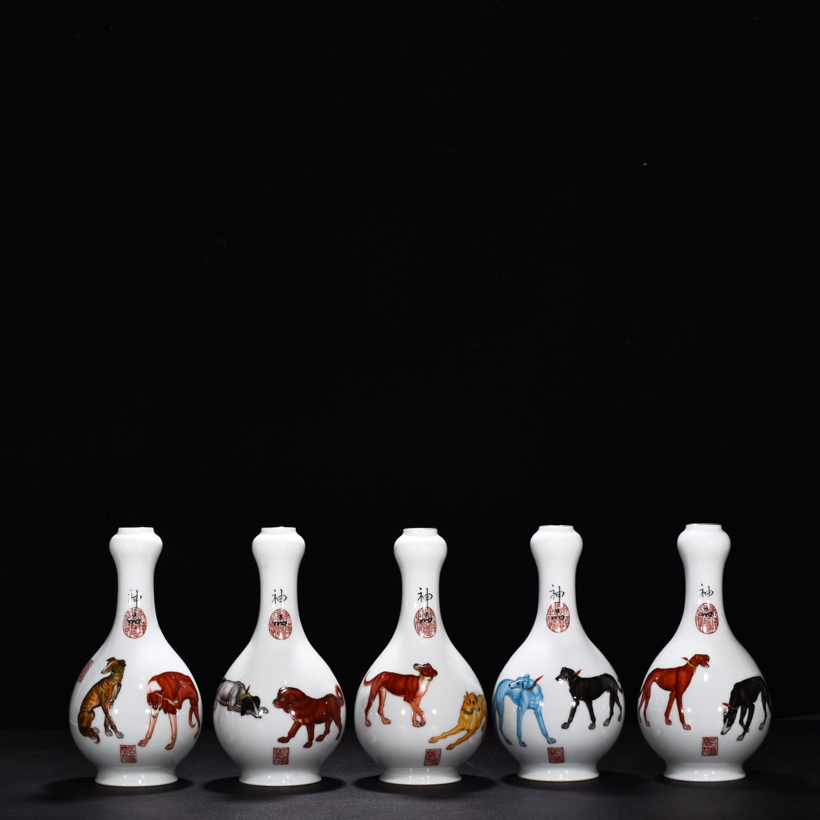Qing Dynasty Qianlong painted enamel ten dog garlic vase