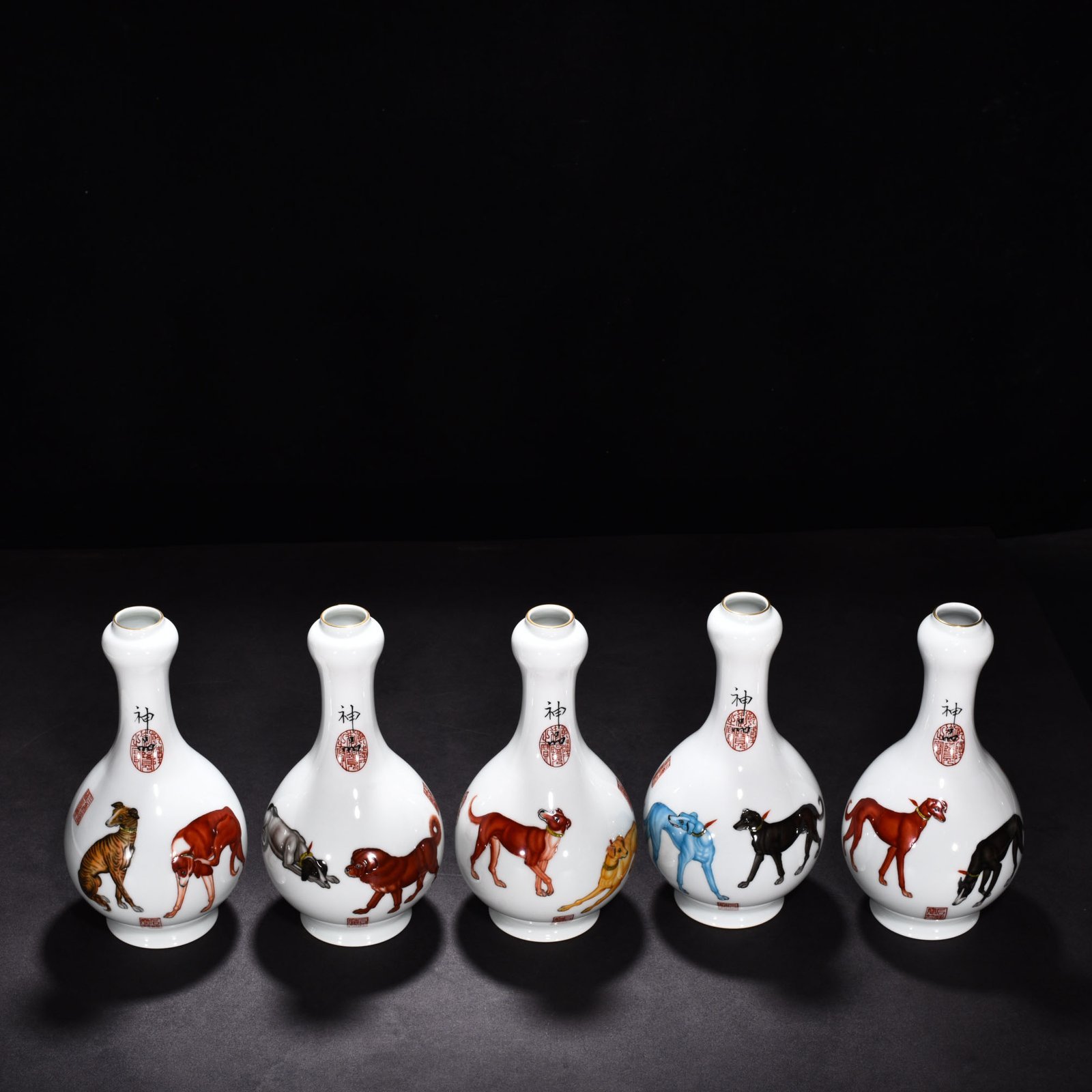 Qing Dynasty Qianlong painted enamel ten dog garlic vase