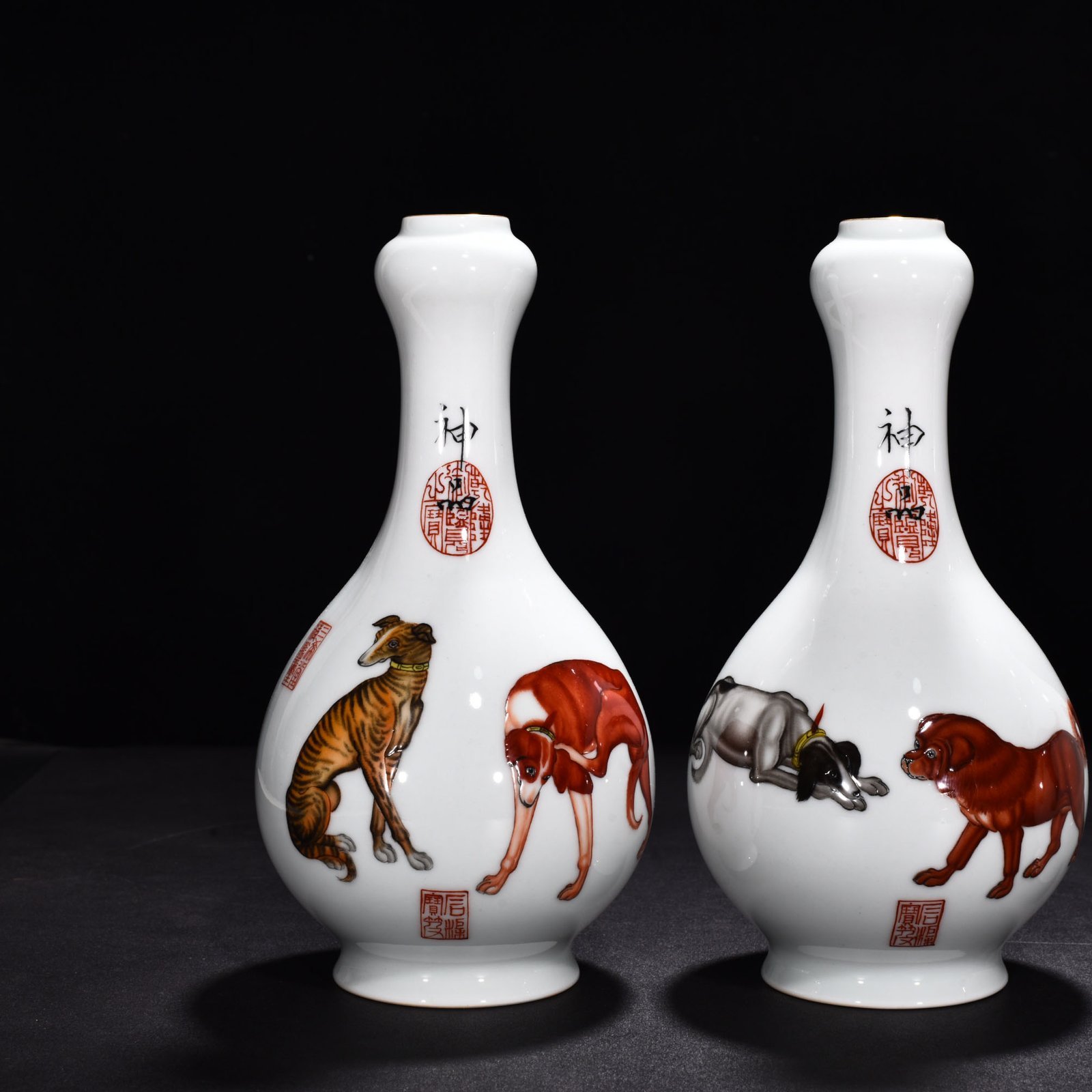 Qing Dynasty Qianlong painted enamel ten dog garlic vase