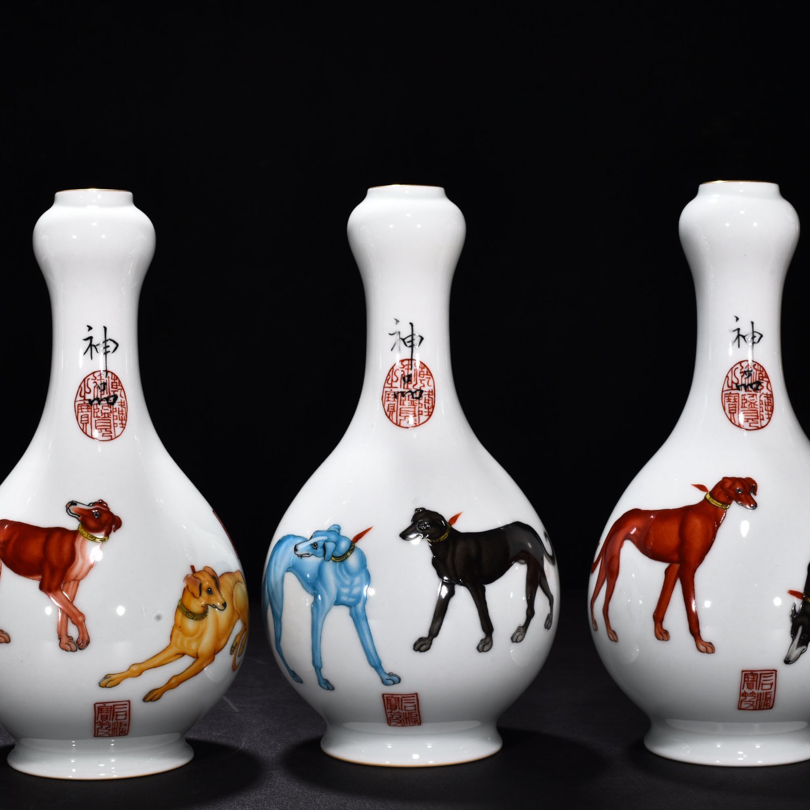 Qing Dynasty Qianlong painted enamel ten dog garlic vase
