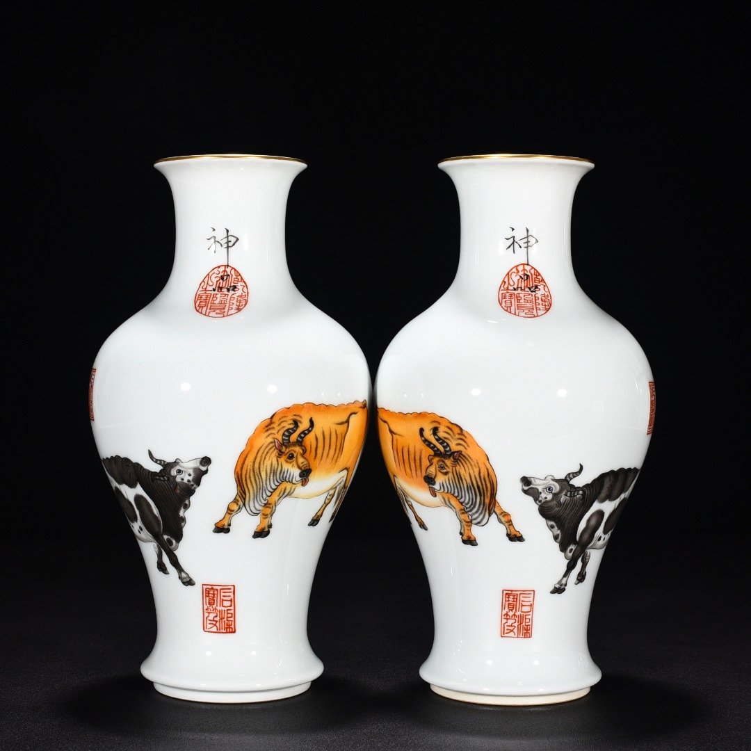 Qing Dynasty Qianlong painted enamel colored sacred cow vase