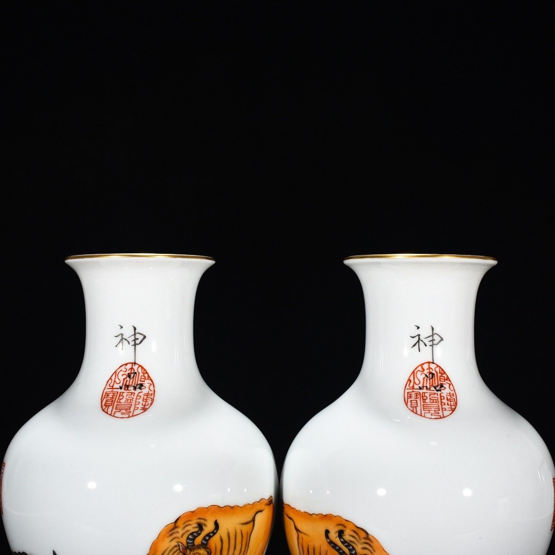 Qing Dynasty Qianlong painted enamel colored sacred cow vase