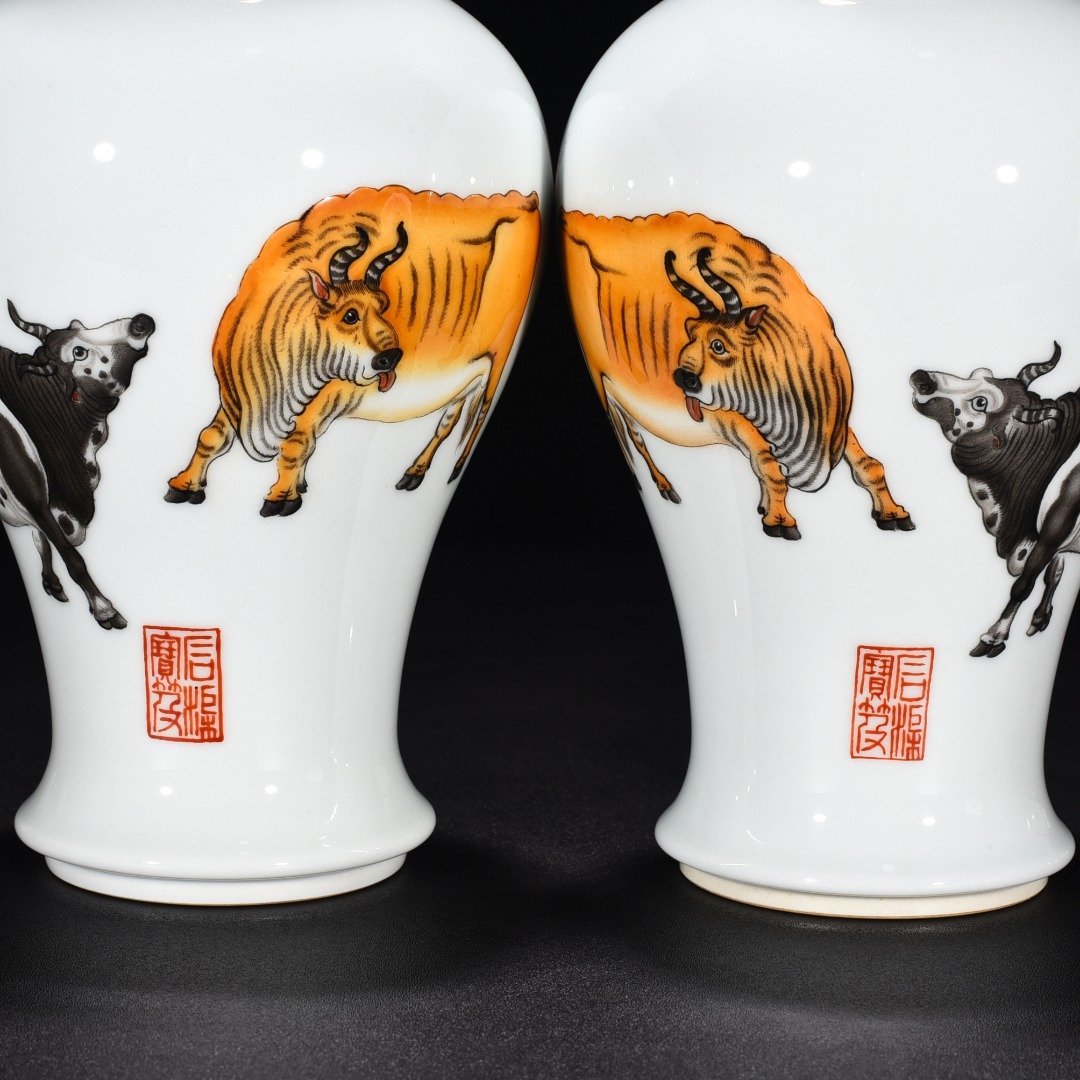 Qing Dynasty Qianlong painted enamel colored sacred cow vase