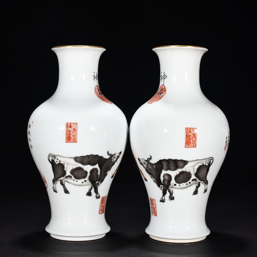 Qing Dynasty Qianlong painted enamel colored sacred cow vase