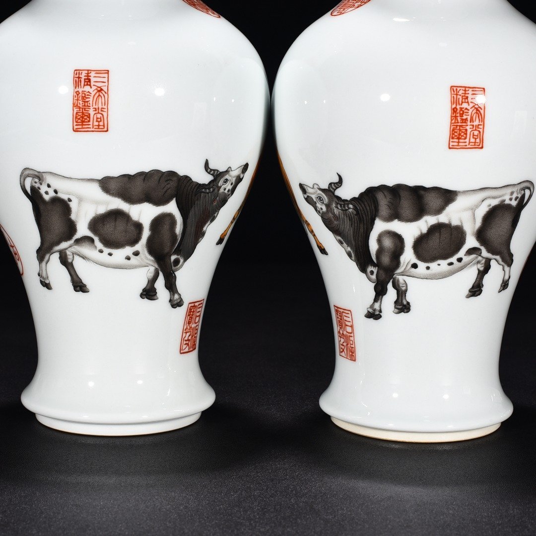 Qing Dynasty Qianlong painted enamel colored sacred cow vase