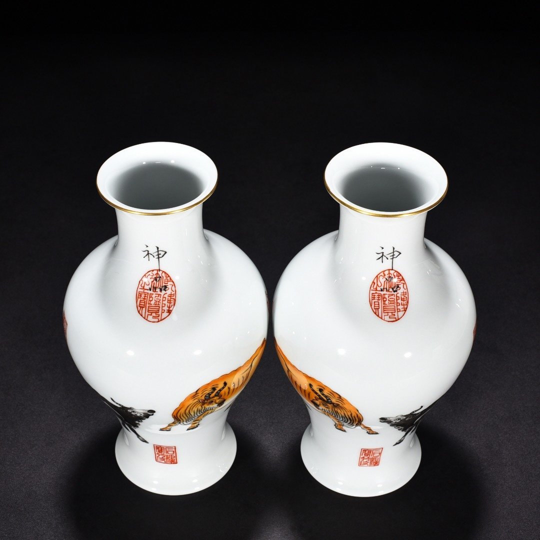 Qing Dynasty Qianlong painted enamel colored sacred cow vase