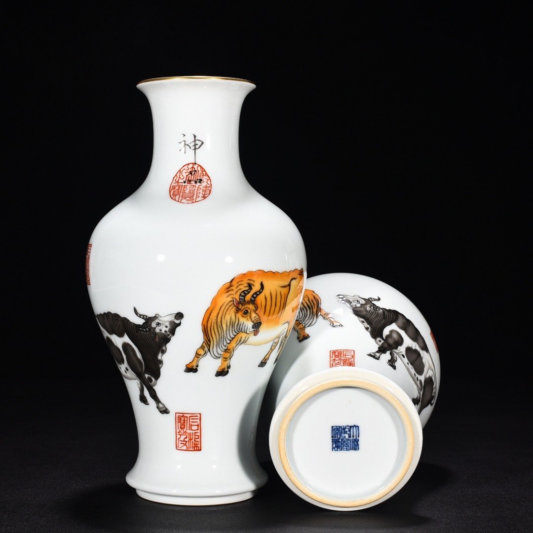 Qing Dynasty Qianlong painted enamel colored sacred cow vase