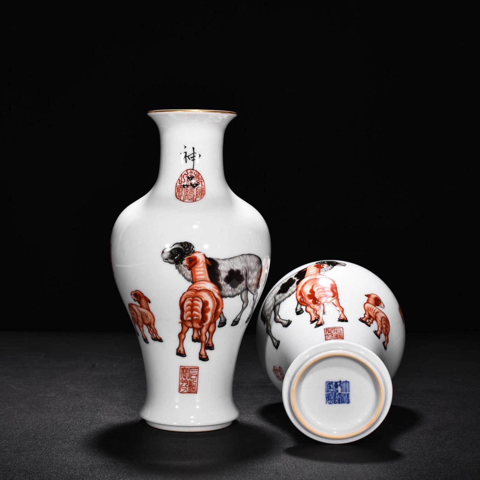 Qing Dynasty Qianlong painted enamel sheep and sheep Ruyi fish tail vase