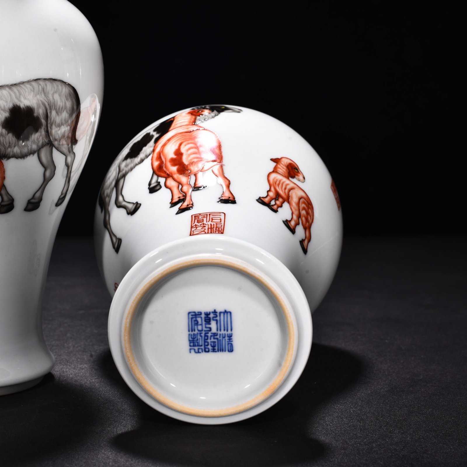 Qing Dynasty Qianlong painted enamel sheep and sheep Ruyi fish tail vase