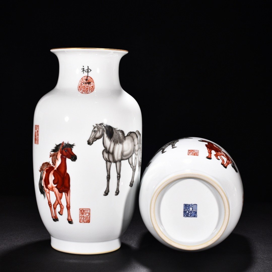 Qing Dynasty Qianlong painted enamel horse lantern vase