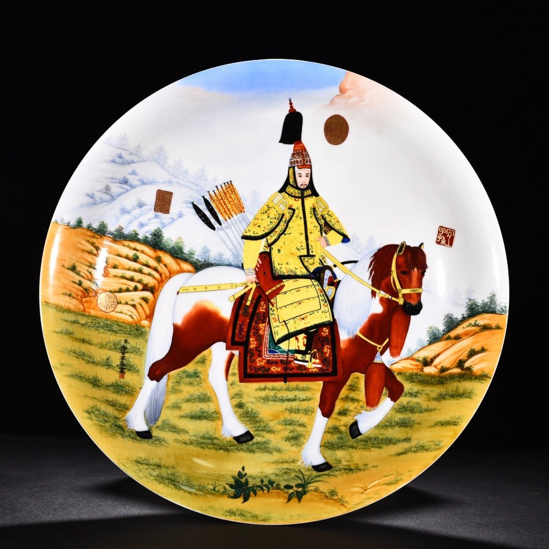 Qing Dynasty Qianlong painted enamel porcelain hunting picture plate