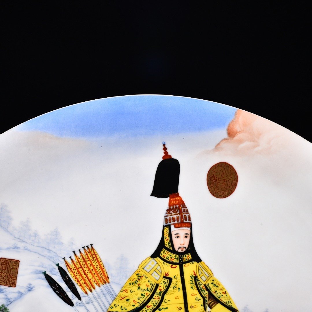 Qing Dynasty Qianlong painted enamel porcelain hunting picture plate