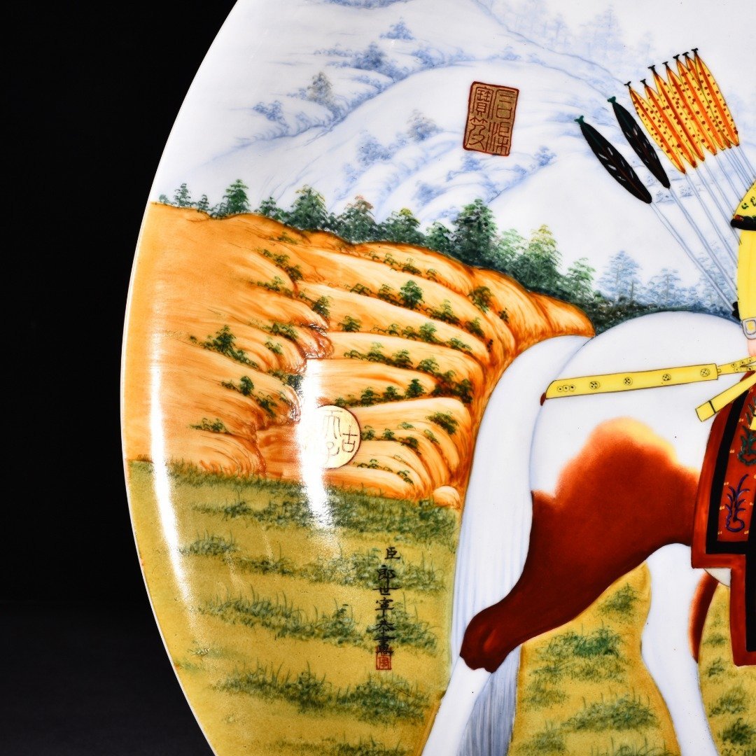 Qing Dynasty Qianlong painted enamel porcelain hunting picture plate
