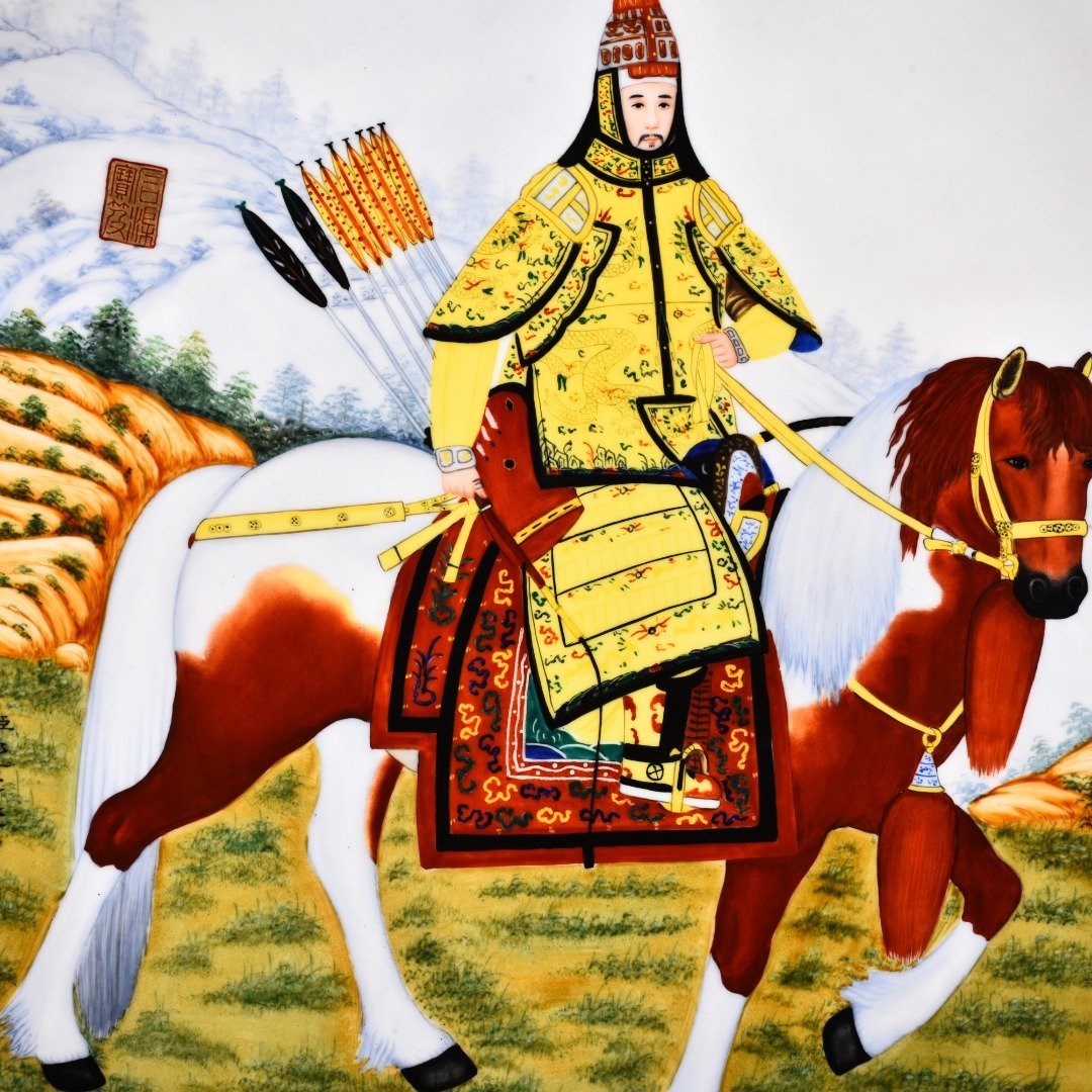 Qing Dynasty Qianlong painted enamel porcelain hunting picture plate