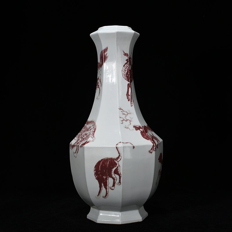Qing Dynasty Qianlong glazed red octagonal vase with auspicious animals