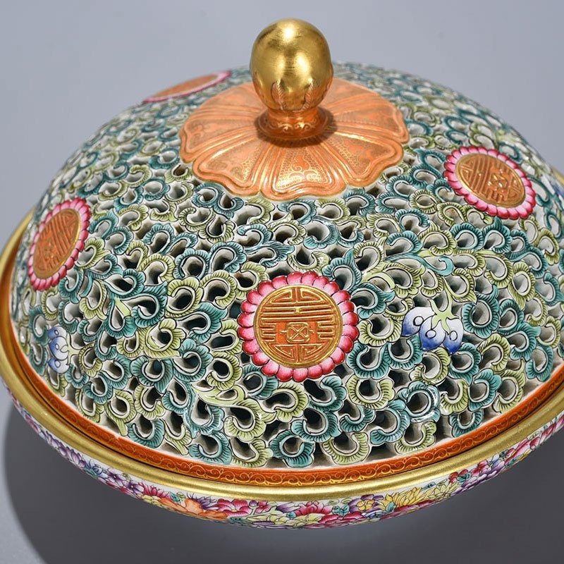 Qing Dynasty Qianlong Ten Thousand Flowers Enamel Hollow Cover Box Fruit Box Cover Bowl