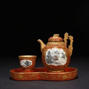 Qing Dynasty Qianlong carved alum red gilded window ink color landscape wine bottle
