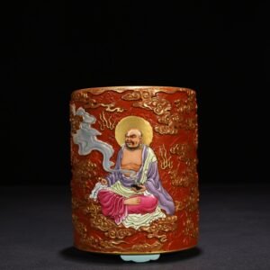 Qing Dynasty Qianlong engraved pastel gilded Arhat figure pen holder