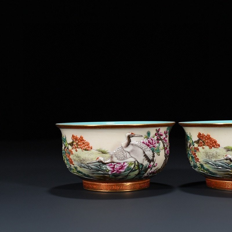 Qing Dynasty Qianlong carved pastel pine and crane longevity cup