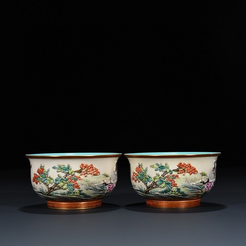 Qing Dynasty Qianlong carved pastel pine and crane longevity cup