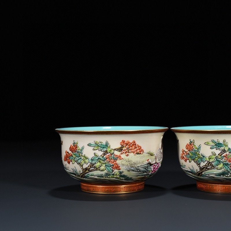 Qing Dynasty Qianlong carved pastel pine and crane longevity cup