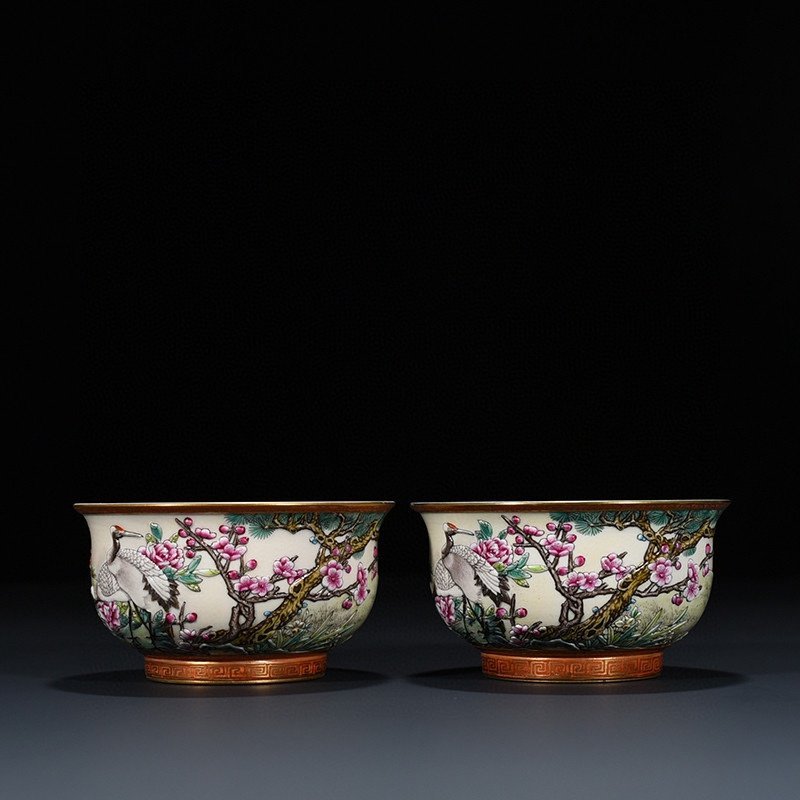 Qing Dynasty Qianlong carved pastel pine and crane longevity cup